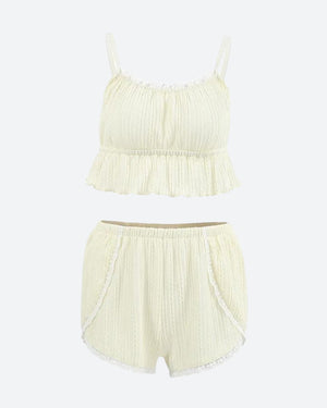Ruffled Crop Top & Lace Trim Shorts Two Piece Set