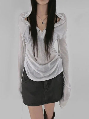 Sheer Ruched Hoodie Top