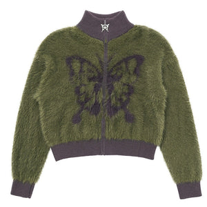 Butterfly Print Fuzzy Bomber