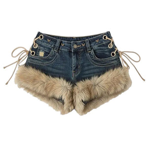 2000s Fur Trim Denim Shorts