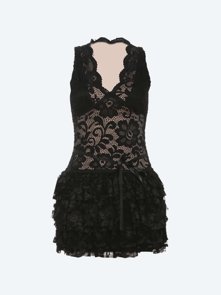 Baddie Lace Ruffled Mini Dress