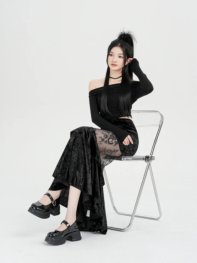 Goth Velvet Lace Maxi Skirt