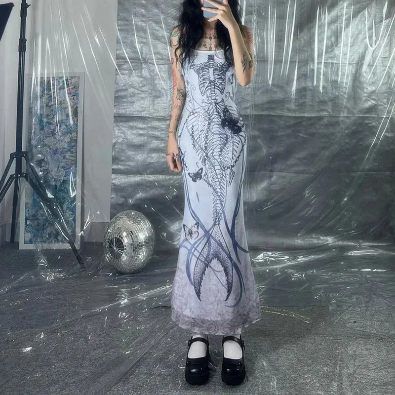 Grunge Mermaid Skeleton Maxi Dress