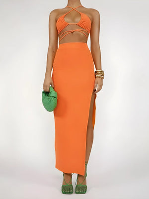Lace Up Crop Top & Slit Maxi Skirt Two Piece Set