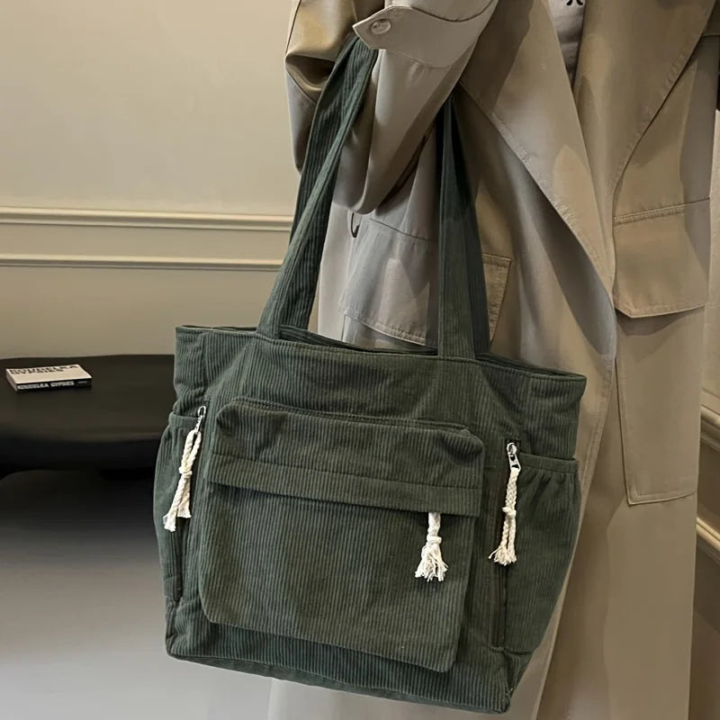 Multi Pocket Corduroy Tote Bag