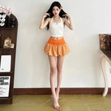 Plaid Drawstring Bubble Mini Skirt