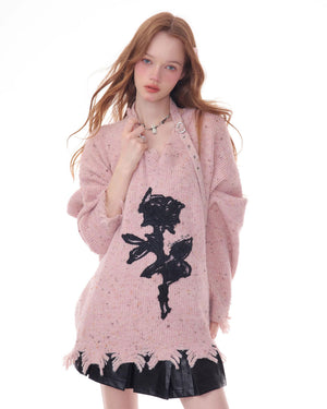Distressed Rose Print Sweater