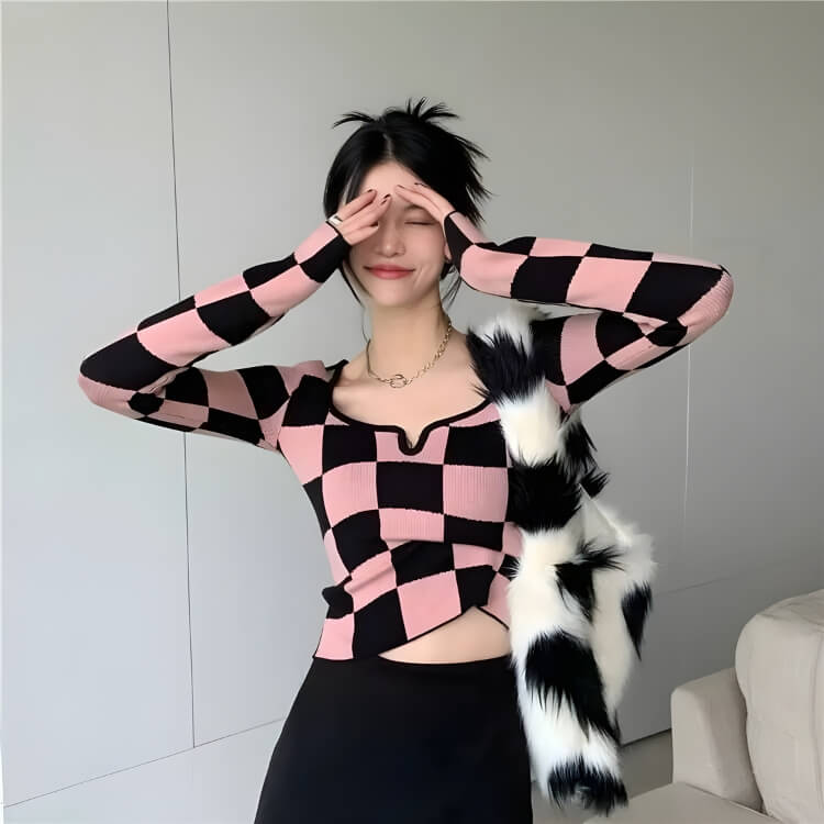 Y2K Checkered Square Neck Top