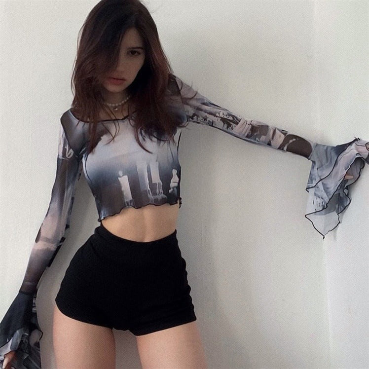 Futuristic Flare Sleeves Mesh Top