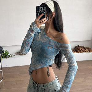 Blue Marble Asymmetrical Crop Top