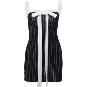 Bow Lace Striped Mini Dress