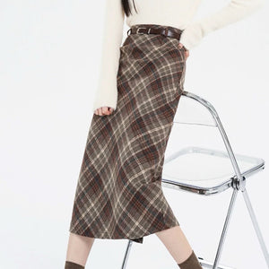 Coffee Cream Plaid Midi Skirt