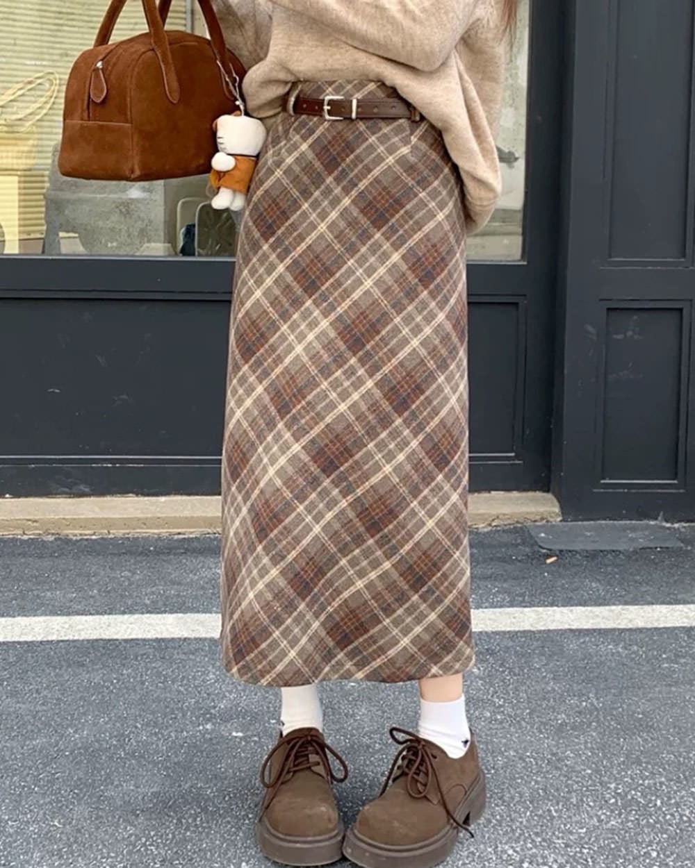 Coffee Cream Plaid Midi Skirt