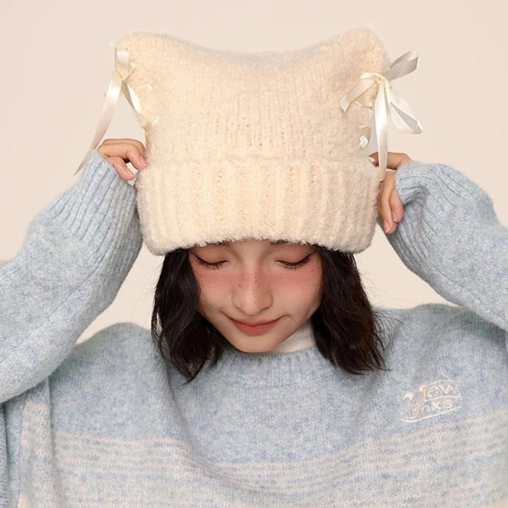Cat Ear Beanie with Bows
