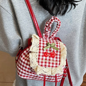 Cherry Embroidery Gingham Backpack