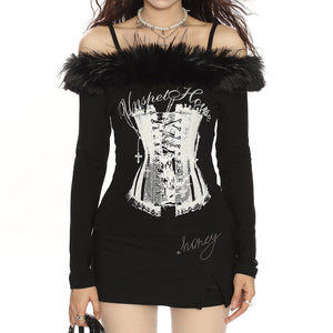 Corset Print Fur Off-Shoulder Top