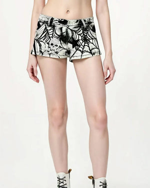 Grunge Spider Web Print Denim Shorts