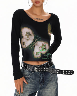 Indie Butterfly Print Long Sleeve Top