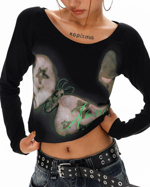 Indie Butterfly Print Long Sleeve Top