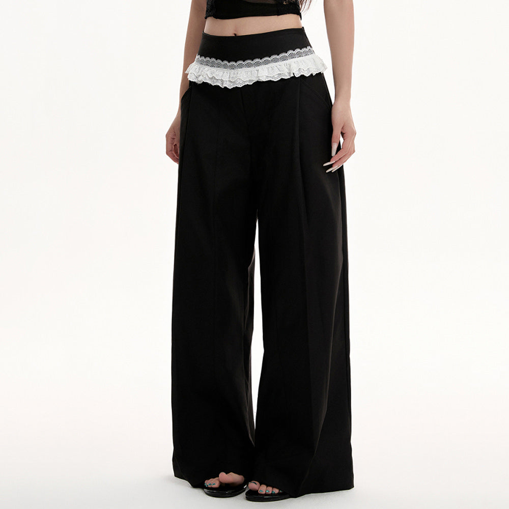 Lace Trim Waist Wide-Leg Trousers