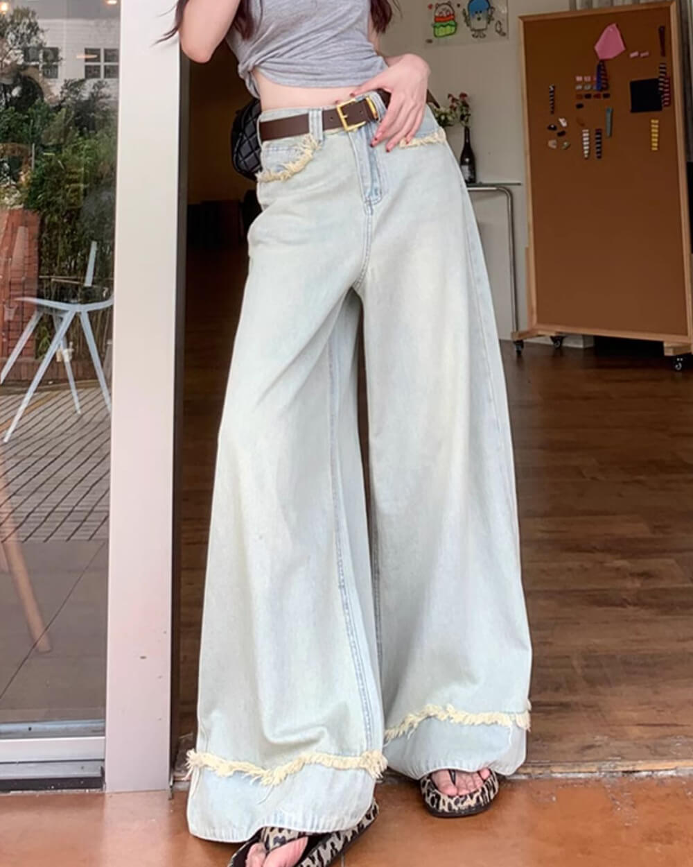 Light Blue Frayed Wide-Leg Jeans
