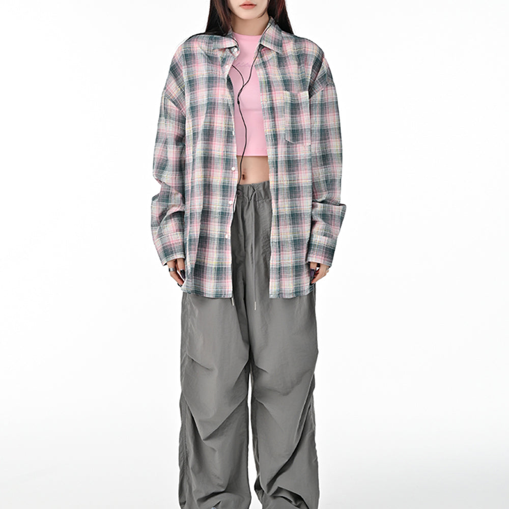 Pink and Green Plaid Button-Up Shirt