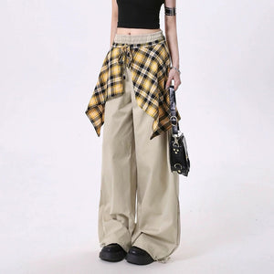 Plaid Shirt-Tied Baggy Trousers