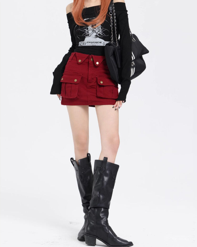 Wine Red Zip Front Mini Skirt