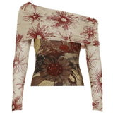 Sun Print Mesh Off-Shoulder Top