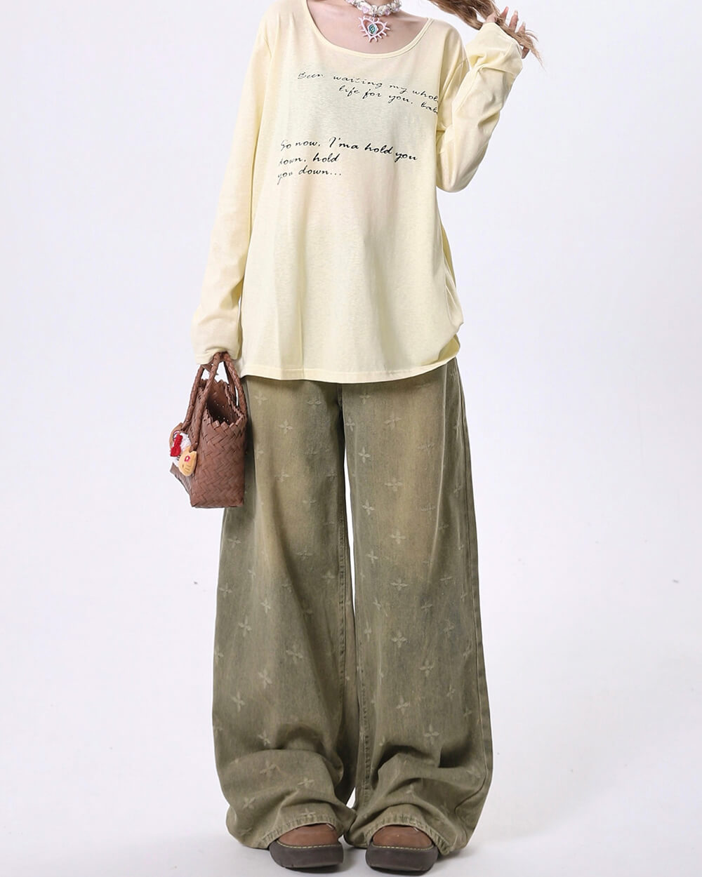 Washed Cross Print Wide Leg Jeans