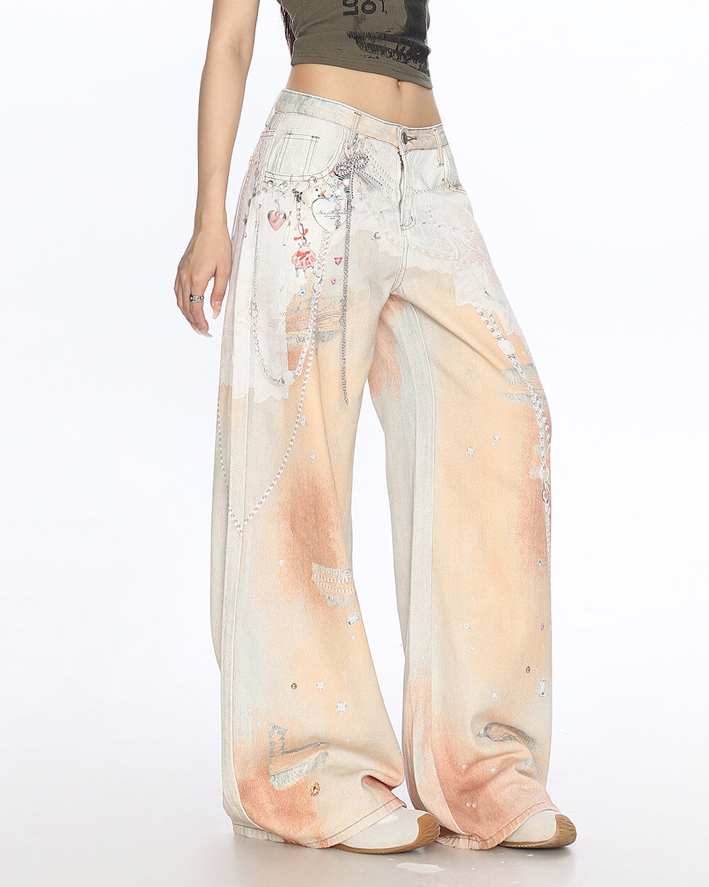 Y2K Chain Print Wide Leg Jeans in Peach