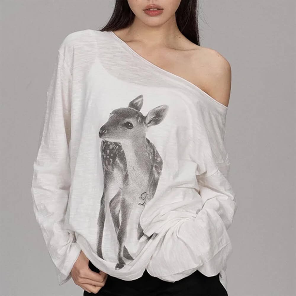Y2K Deer Print One-Shoulder Top