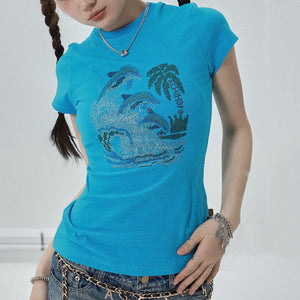 Y2K Dolphin Rhinestone Baby Tee