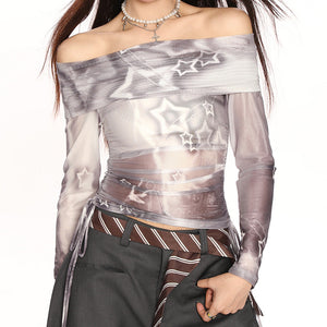 Y2K Star Mesh Off-Shoulder Long Sleeve Top